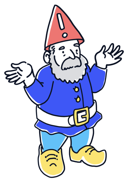 A confused cartoon gnome wearing a hat and blue shirt, looking puzzled and clueless about the situation.